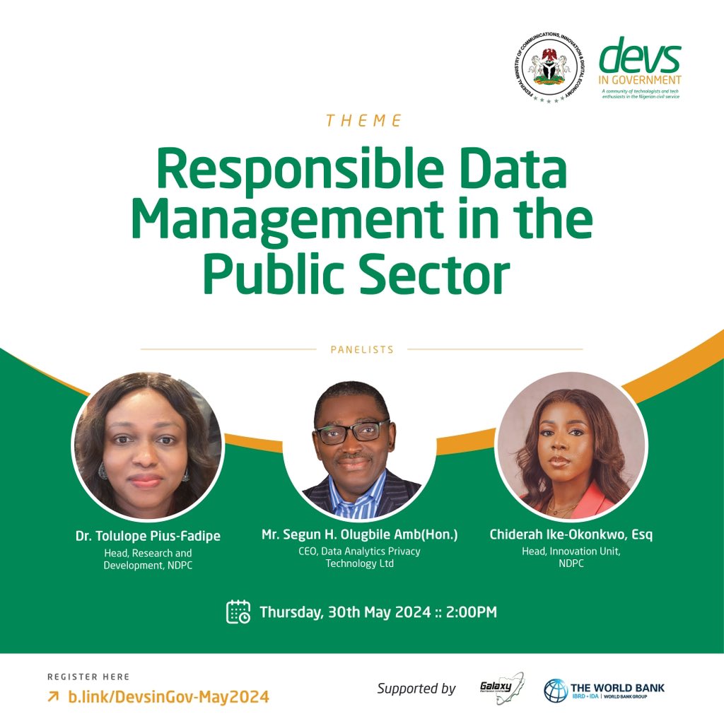 FMCIDENigeria's tweet image. Join us tomorrow at the May Edition of #DevsInGovernment as our panel of experts discuss ‘Responsible Data Management in the Public Sector’.

Participants will get the opportunity to be part of Cohort 1 of our recently launched ‘Responsible Data Management Course’ powered by…