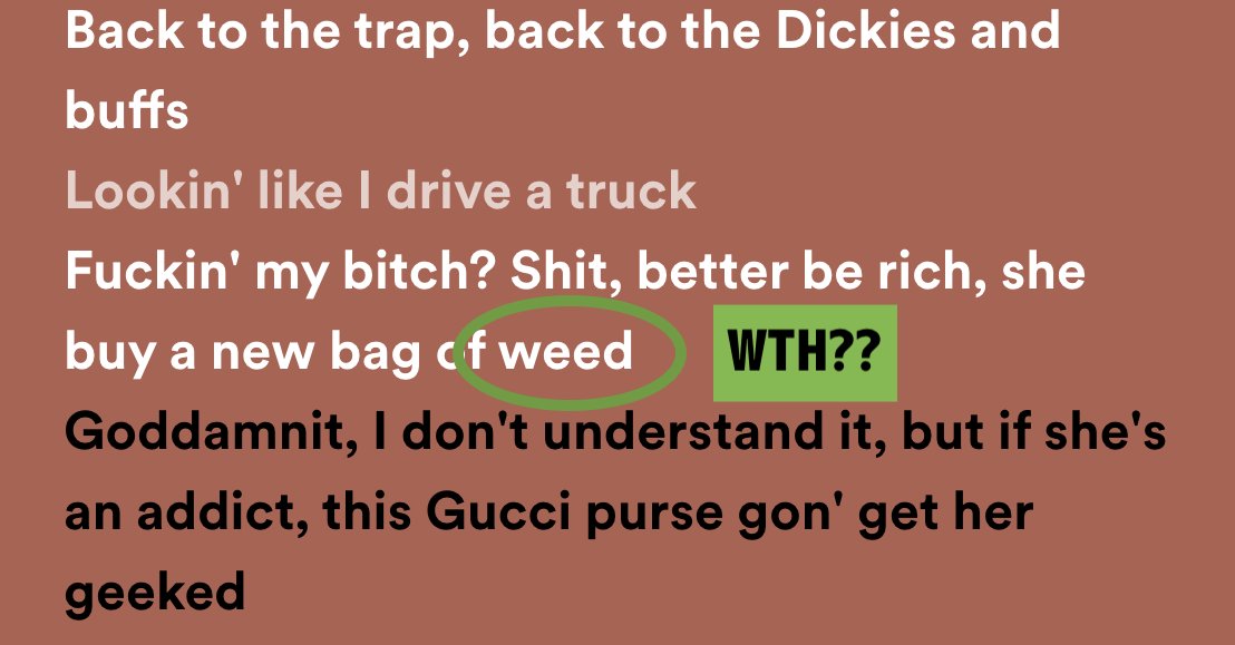 I don't post much from this account, but I wanted the good folks at <a href="/Spotify/">Spotify</a> and <a href="/Musixmatch/">Musixmatch</a> to know that they have made a huge error in <a href="/KillerMike/">Killer Mike</a>'s "DOWN BY LAW" lyrics. 

The word you're looking for is "week"...not "weed". Just listen to the context. 

(note: profanity shown)