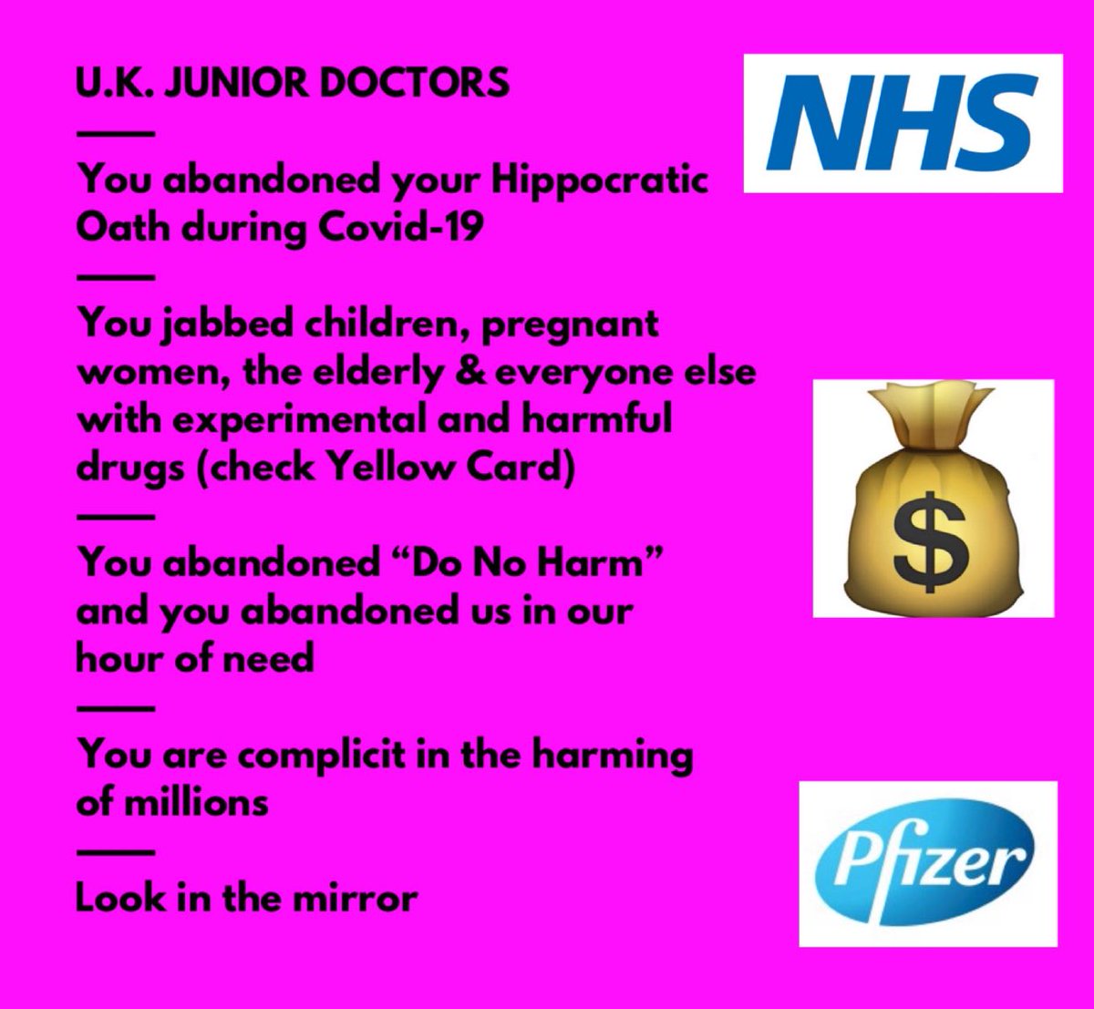 @BBCNews To ALL Junior Doctors @BMA_JuniorDocs @TheBMA @BMA_GP you are COMPLICIT in the harming of millions of people: men, women & children

⚠️ Midazolam
⚠️ NG163
⚠️ DNRs
⚠️ Harmful 💉💉💉

Do no harm became DO HARM TO EVERYONE; you abandoned your Hippocratic Oath & your patients