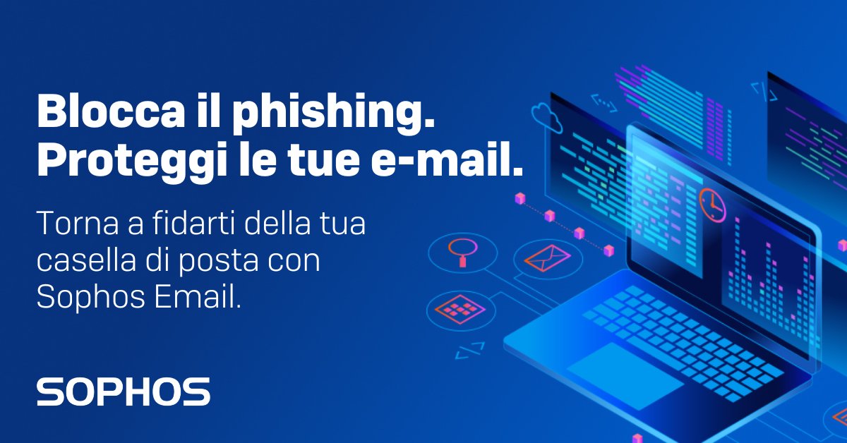 Molti #cyberattacchi iniziano con un'email di #phishing.

Torna a fidarti della tua casella di posta con Sophos #Email. La sicurezza delle e-mail protegge i tuoi dipendenti ed i tuoi dati aziendali da malware, ransomware e furti di identità. Scopri di più: sophos.com/it-it/products…