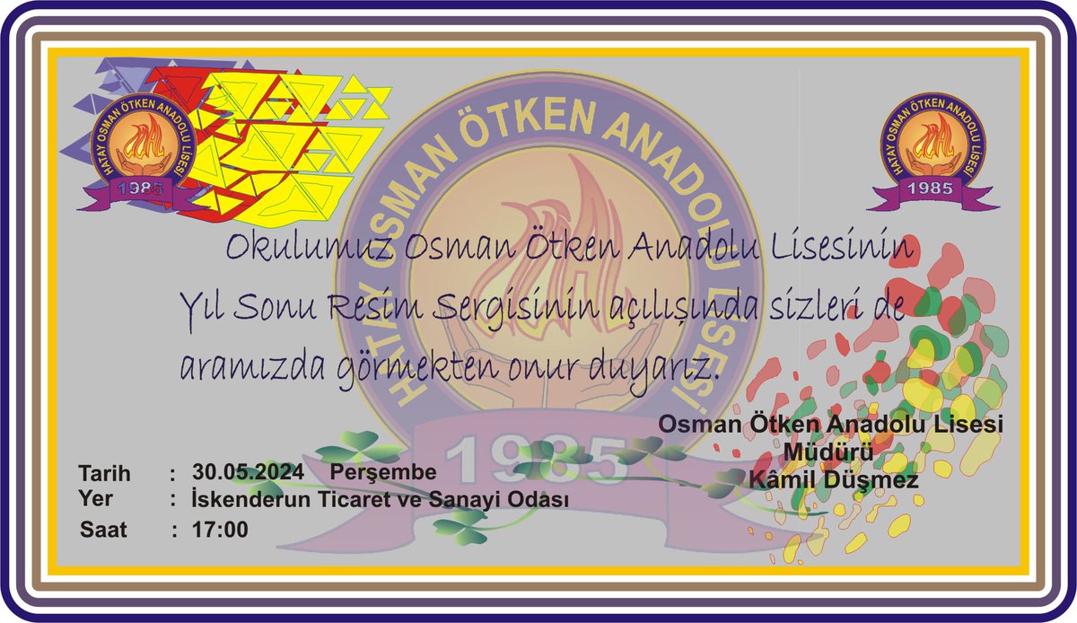 30 Mayıs 2024 Perşembe günü saat 17.00'de İskenderun Ticaret ve Sanayi Odasında Osman Ötken Anadolu Lisesi öğrencilerinin büyük katkılarıyla hazırlanan yıl sonu resim sergisinde sizleri de aramızda görmekten mutluluk duyarız.