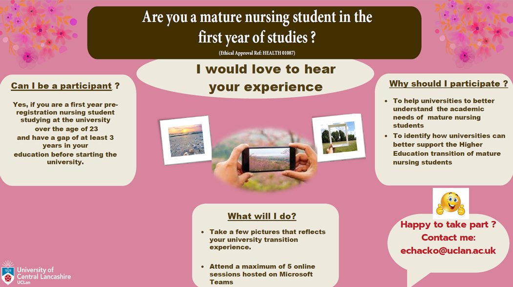 OPPORTUNITY | Are you a mature nursing student in the first year of studies? Contact Elizabeth Chacko, Senior Lecturer in Adult Nursing @UCLANursing. All details below ⬇️