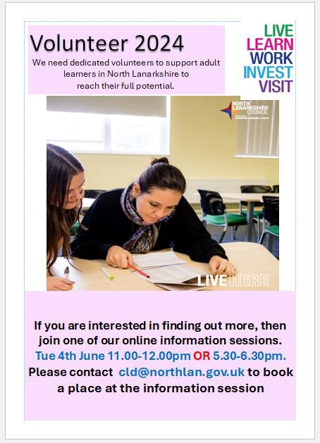 Interested in volunteering to support adult learners in North Lanarkshire. Join one of our information sessions to find out more. More info below 👇 #VolunteersWeek2024 #BecauseOfCLD #AdultLearningMatters