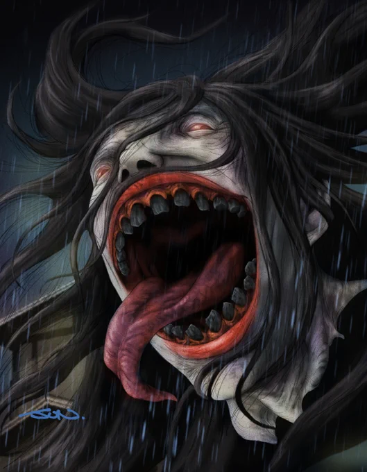 #Wyrdwednesday"Ōkubi" is a Japanese yōkai. Its image is in the rainy night sky a mostly a huge female head and has the characteristics of a married woman's teeth painted black. Their true identities are said to be human vengeful spirits and obsessions turned into yōkai. 