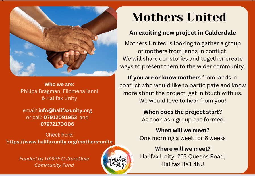 HalifaxUnityCIC's tweet image. The Mothers United group will start meeting from Monday 3rd July 10.30-2.30, leading up to a community sharing on 15th July, and final reflection and celebration day on 22nd July. Please contact Filomena Ianni at flowianni@gmail.com if you would like to find out more...
