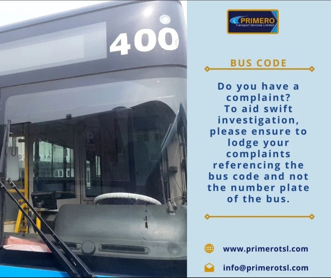 PrimeroTSL's tweet image. Do you have a complaint?
To aid swift investigation, please ensure to lodge your complaints referencing the bus code and not the number plate of the bus.

#importantinformation #BRT #buscode #primerotsl