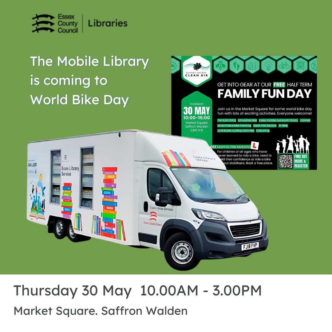 The mobile library is coming to World Bike Day on on 30 May to join a day full of exciting activities! It's going to be a fantastic day of learning and fun for all ages. Come along and see us! 30 May 10am-3pm Market Square, Saffron Walden