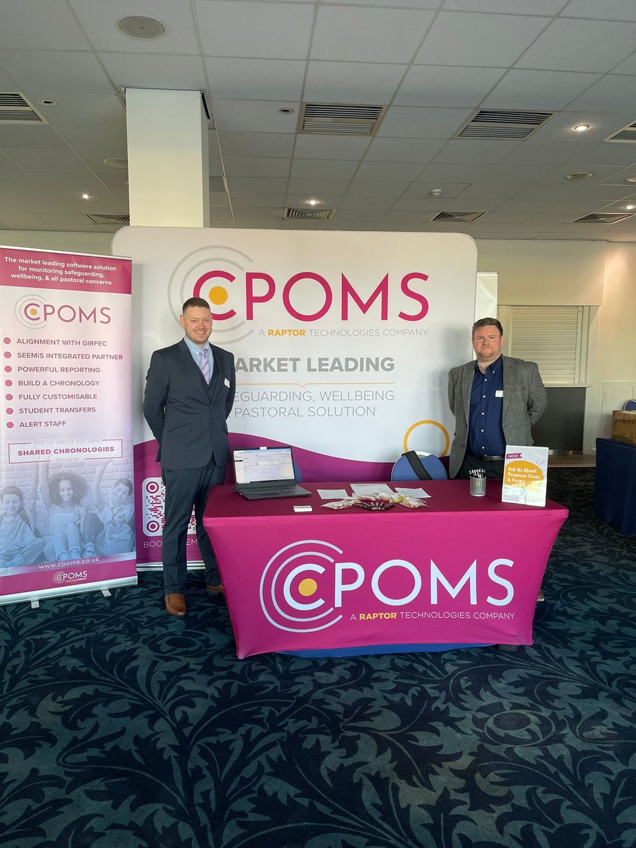 CPOMSUK's tweet photo. Day 1 at @childreninscot Annual #Conference⭐️
Drop by to meet our sales and customer engagement consultants Dan Coates & Aaron Kelly.
Let's explore how CPOMS StudentSafe can revolutionise your school's safeguarding efforts.
#ChildrenInScotland #Safeguarding https://t.co/X8bvLpBEkY