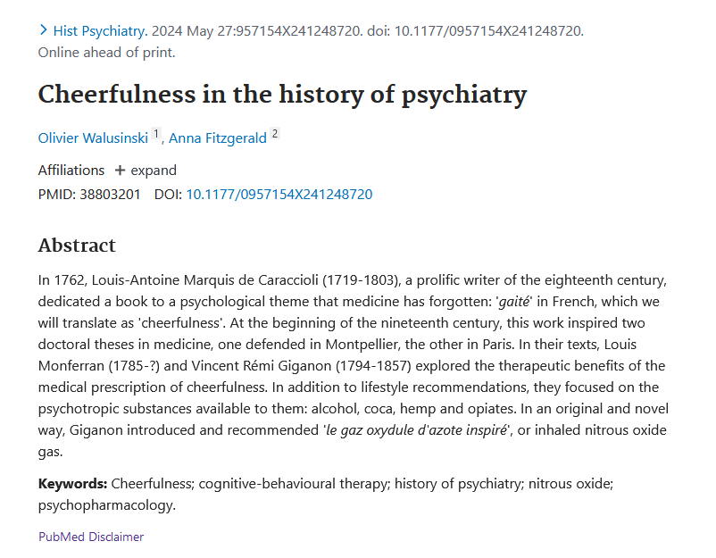 200 years ago, psychiatrists recommended "cheerfulness" therapy with the help of alcohol, cocaine and laughing gas pubmed.ncbi.nlm.nih.gov/38803201/ Perhaps we can learn from the past