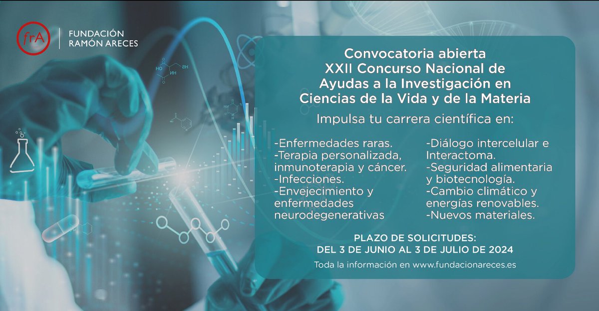 Sombradoble (@sombradoble) on Twitter photo Convocatoria abierta de Ayudas a la #Investigación de <a href="/FundacionAreces/">FundaciónRamónAreces</a> en #Ciencias de la Vida y de la Materia
Impulsa tu carrera científica en áreas de: #medicina #EERR #biotecnologia #cancer #cambioclimatico #materiales
Plazo: 3 de junio al 3 de julio👇
fundacionareces.es/fundacionarece… Convocatoria abierta de Ayudas a la #Investigación de <a href="/FundacionAreces/">FundaciónRamónAreces</a> en #Ciencias de la Vida y de la Materia
Impulsa tu carrera científica en áreas de: #medicina #EERR #biotecnologia #cancer #cambioclimatico #materiales
Plazo: 3 de junio al 3 de julio👇
fundacionareces.es/fundacionarece…