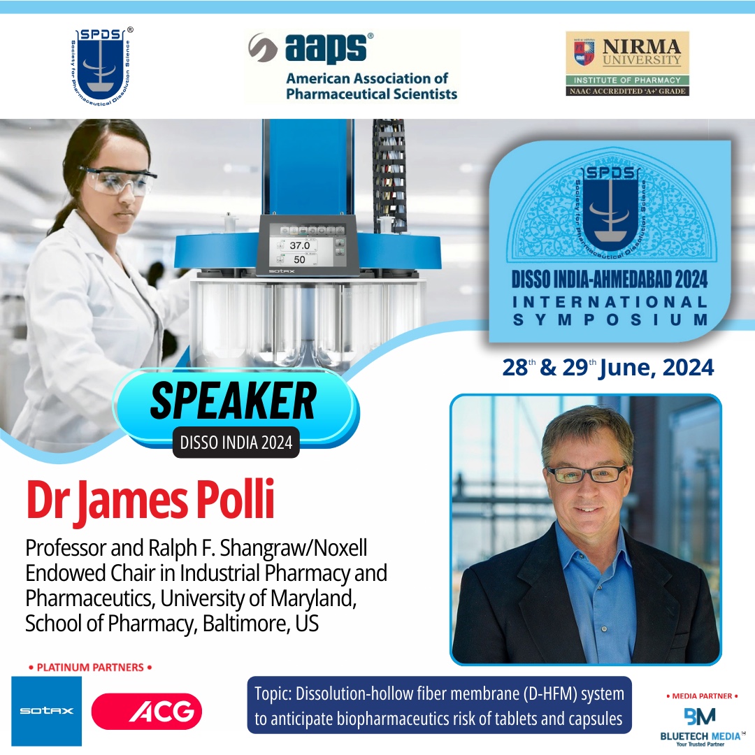 We are thrilled to announce that Dr James Polli, Professor and Ralph F. Shangraw/Noxell Endowed Chair in Industrial Pharmacy and Pharmaceutics, University of Maryland, School of Pharmacy, US as an speaker for DISSO-INDIA 2024 International Symposium lnkd.in/dBZhAegK