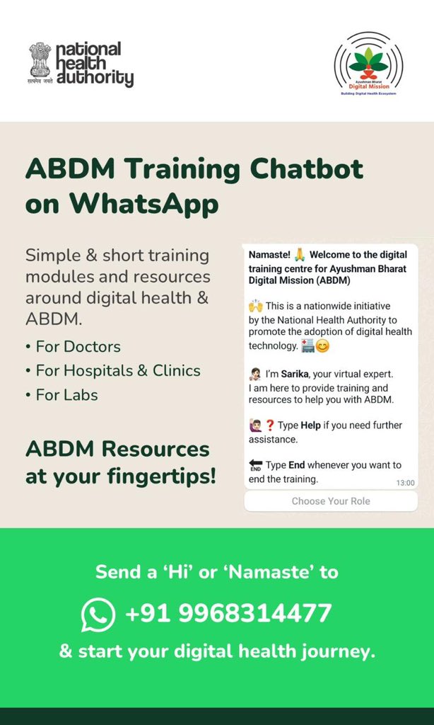 NHA has introduced a WhatsApp chatbot designed to offer in-depth information about the Ayushman Bharat Digital Health Mission #ABDM
The chatbot is designed to be user-friendly and also offers tailored training modules.
To initiate, simply send a 'Namaste' or 'Hey' to 9968314477