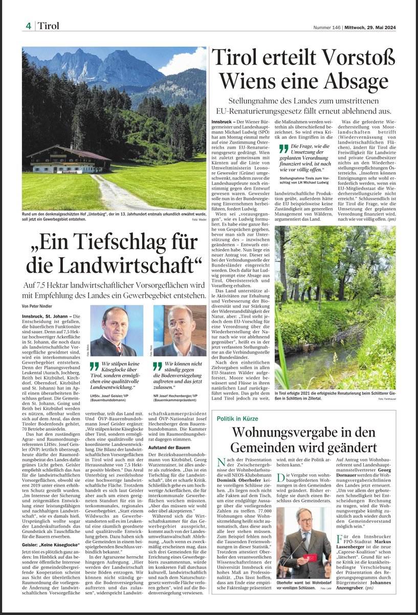 Man kann es fahrlässige Doppelmoral nennen: Während die Tiroler Landesregierung u.a. mit dem falschen Vorwand "Ernährungssicherheit" das #Renaturierungsgesetz sabotiert, will der zuständige Landesrat ein neues Gewerbegebiet auf fruchtbaren Ackerflächen durchboxen. <a href="/TTNachrichten/">Tiroler Tageszeitung</a>