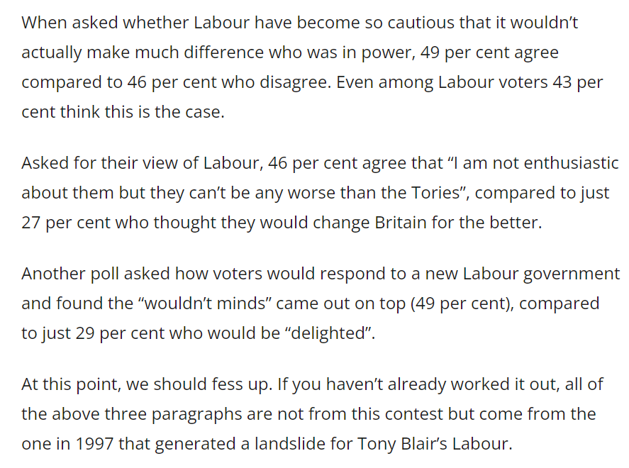 adampayne26's tweet photo. There's little enthusiasm for Labour

Polls show people aren't excited by Labour policies, they just want the Tories out

Indeed, lots of people think a new government won't actually make a difference

... Not 2024, but 1997

@philipjcowley &amp; @whyoutloud

https://t.co/lHyJCI9dTh https://t.co/dzJMes846Y