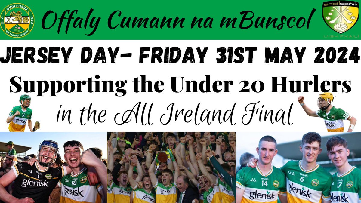 Offaly Cumann na mBunscol are calling on all schools to show their support by asking students to wear their Offaly colours to school on Friday 31st May 2024.
💚🤍💛
@Offaly_GAA @offalyindo @Offaly_Express @OffalyCamogie #gaa #allianzcmnb #offaly #fanwall
