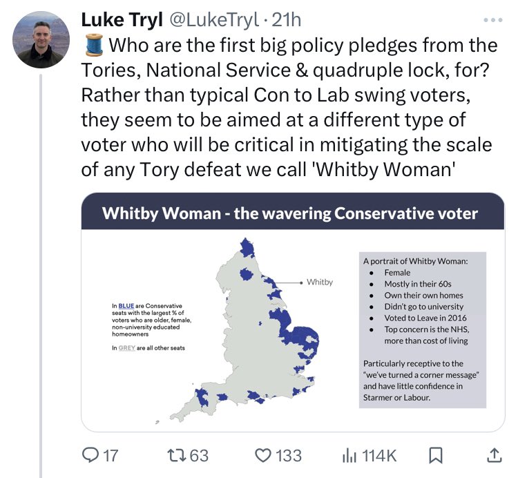 Bless the pollsters, man. They're doing granular breakdowns of key target voters and absolutely none of it matters because Sunak is going to lose by 20pts and get crushed everywhere from Nuneaton to Bexley