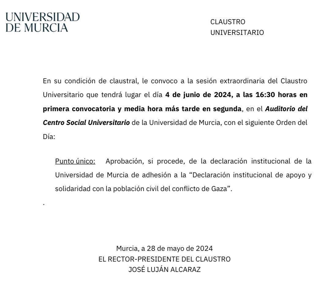 ¡Conseguido! El próximo martes 4 de junio el claustro de la Universidad de Murcia tendrá que pronunciarse sobre la horrible situación de Gaza. Como ha denunciado <a href="/FranceskAlbs/">Francesca Albanese, UN Special Rapporteur oPt</a>, el mundo está asistiendo a un genocidio. La <a href="/UMU/">Universidad Murcia</a> tiene que estar a la altura 👇