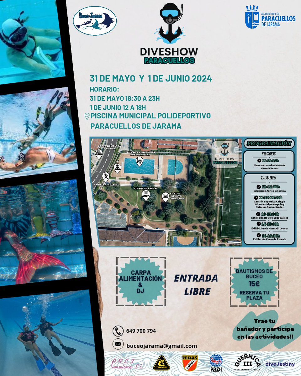 Los próximos días 31 de mayo y 1 de junio albergamos el primer 'Dive Show Paracuellos' de la mano de Buceo Jarama y Cressi, donde se podrán disfrutar de exhibiciones de las diferentes modalidades de actividades subacuáticas