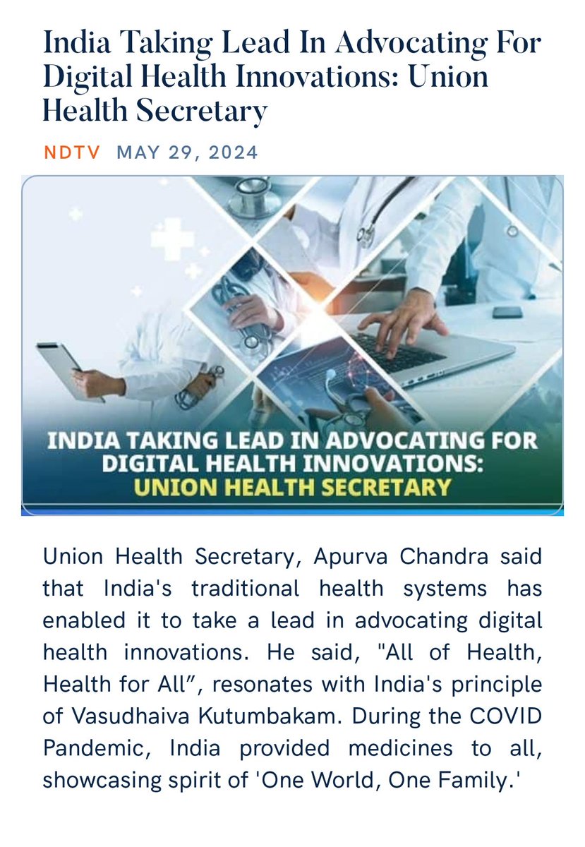 India Taking Lead In Advocating For Digital Health Innovations:
Kudos PM @narendramodi Ji Govt 
All of Health, Health for All”, with the core values and the ethos of India, that is “Vasudhaiva Kutumbakam” which means “the world is one family,” 
swachhindia.ndtv.com/india-taking-l…
@PMOIndia