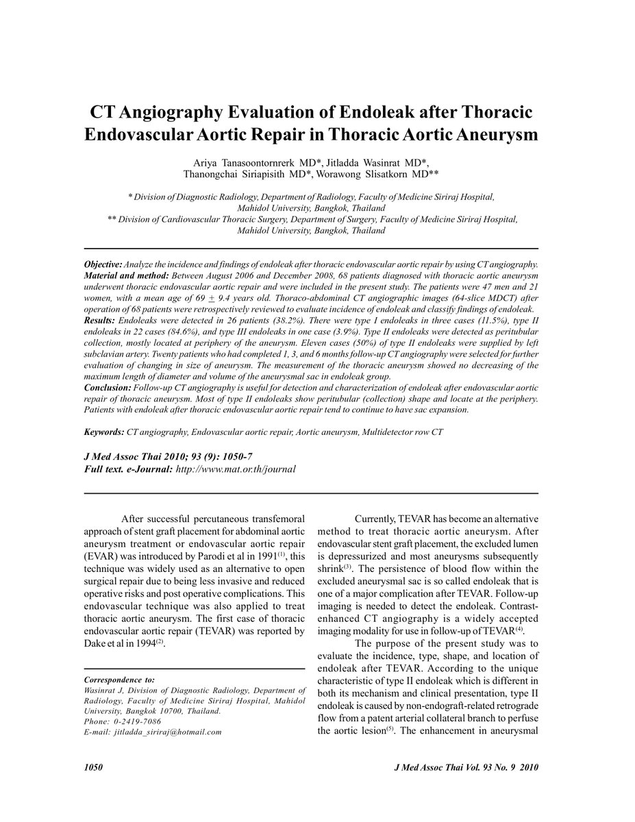 CT angiography evaluation of endoleak after thoracic endovascularaortic repair in thoracic aortic aneurysm dlvr.it/T7Y2jx
