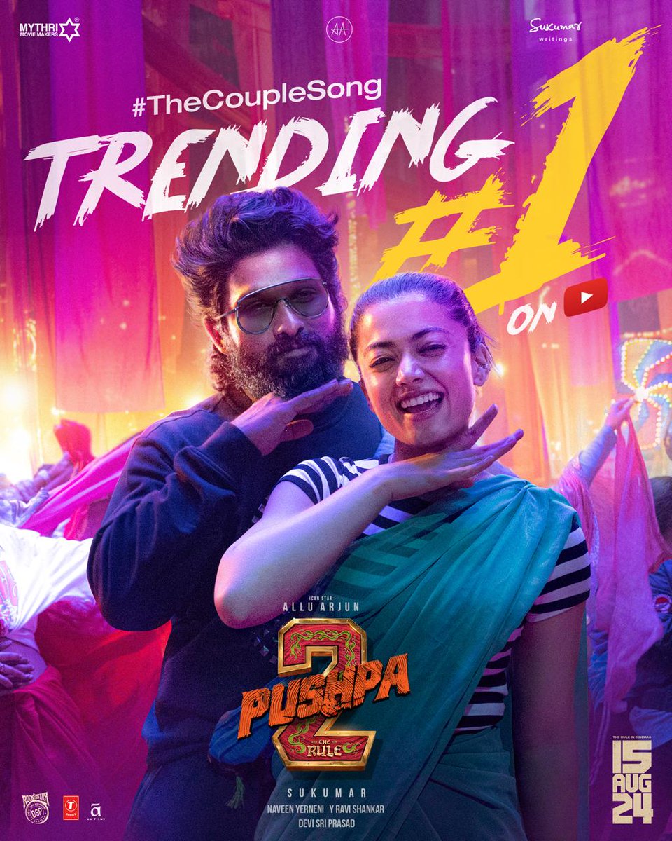 The vibe of #Pushpa2SecondSingle has struck a chord with everyone ❤‍🔥 #TheCoupleSong TRENDING #1 on YouTube 🤩 ▶️ bit.ly/Pushpa2SecondS… #Sooseki #Angaaron #Soodaana #Nodoka #Kandaalo #Aaguner 👌 #Pushpa2TheRule Grand release worldwide on 15th AUG 2024. Icon Star