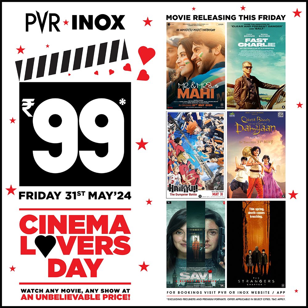 Blockbuster thrills at an unbelievable price! 🎥✨ This Cinema Lovers’ Day, enjoy any of these latest movies for just ₹99. 🎫 Hurry up! The offer is valid only for May 31. Note: Recliners and premium formats are not included. Book your tickets now: cutt.ly/y7S9ryy