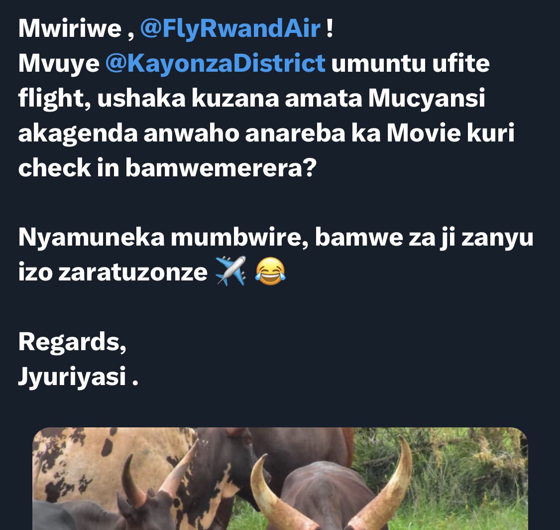 Murakoze Rwanda Air , Guha amakuru abakiriya kandi kugihe nabyo ni ubudasa bwa serivise inoze. Igisubizo mumpaye ndanyuzwe , reka mbatumikire kubashumba nasize @KayonzaDistrict n’ undi wese mugihugu ukunda inshyushyu 🙏