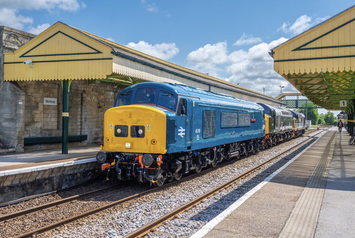 45118 'The Royal Artillery Man' on its maiden test run today departs Worksop with 40013 & 37409 in tow. How good does she look 😅. 29th May 2024. 📸 ☀️ @LocoServicesGrp ⭐️ Gift Store ⬇️🏞️🚂 railwayartprintshop.etsy.com #class45 #worksop #ukrailways