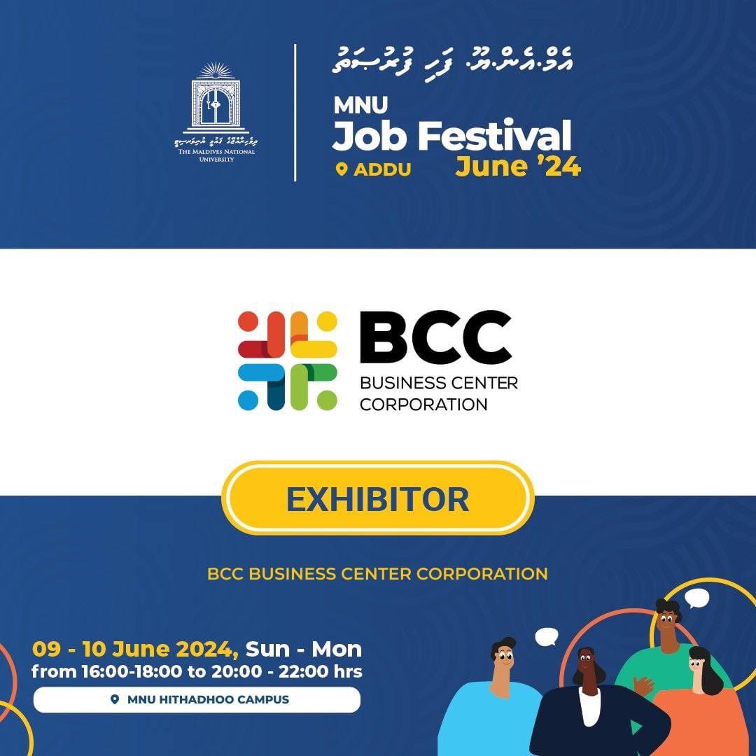 Meet the exhibitor Business Center Corporation  at MNU Fahi Furusath 2024!

📍: MNU - Hithadhoo Campus
🗓: 9th &amp; 10th June
⏰: 1600 -18:00 &amp; 20:00 -22:00

Follow us for exciting festival updates!

#MNU #NationBuildingSince1973 #1universityinthemaldives #MNUJobFestival