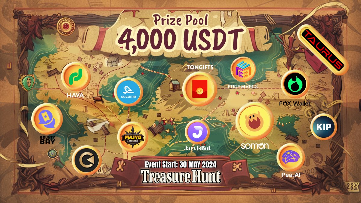 🗺 Ahoy! 📞Calling all explorers and adventurers! 

🗺Ready for a thrilling quest? Join our #TonGifts Treasure Hunt Event💀 🏴with 12 AMAZING partners <a href="/SoMon_OwO/">SoMon</a> <a href="/JarvisBot_AI/">JarvisBot</a> <a href="/KIPprotocol/">KIP Protocol</a> <a href="/EMCprotocol/">EMC</a> @haya_finance <a href="/MajyoGame/">Majyo Treasure</a> @Pea_GPTs <a href="/suzumeio/">suzume</a> <a href="/TeamTaurusBot/">Taurus AI</a> <a href="/FoxWallet/">FoxWallet Official</a>