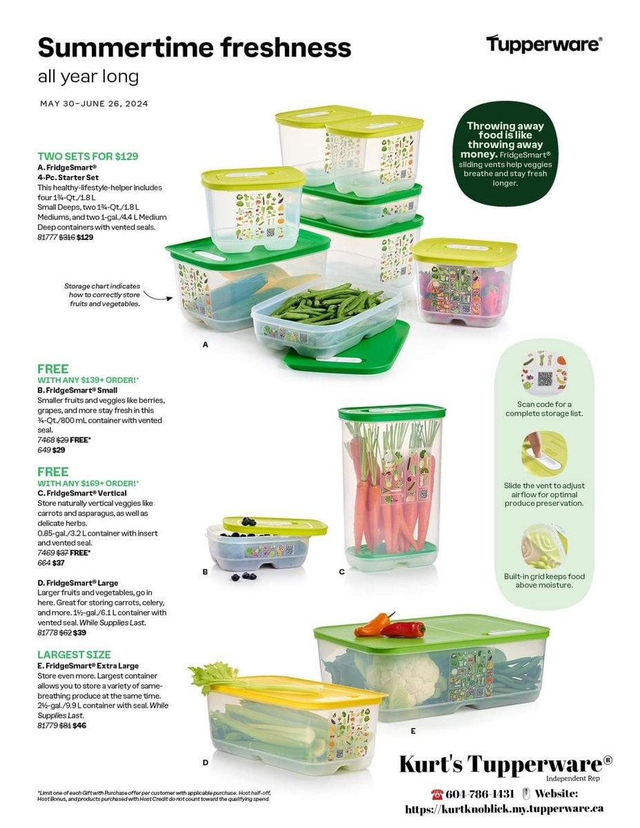 KurtsTupperware's tweet photo. Summertime freshness, all year long!
SAVE BIG in June on our FridgeSmart® Containers!  

SNEAK PEEK of our FREE product offers this month too! 

Check it all out 👀

Brochure runs from May 30-June 26, 2024 https://t.co/UfMfnJ8FRi