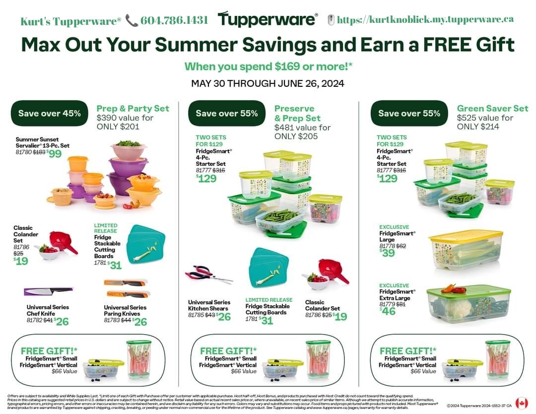 KurtsTupperware's tweet photo. Summertime freshness, all year long!
SAVE BIG in June on our FridgeSmart® Containers!  

SNEAK PEEK of our FREE product offers this month too! 

Check it all out 👀

Brochure runs from May 30-June 26, 2024 https://t.co/UfMfnJ8FRi