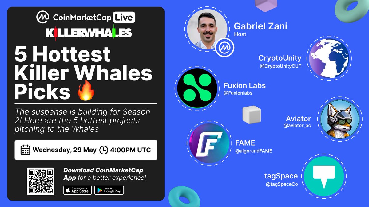#CMCLive: <a href="/KillerWhalesTV/">Killer Whales</a> Season 2 Hottest Projects 🐳

📍 Tune in: coinmarketcap.com/community/post…

Episode 3 of 4 is here! Get the inside scoop on 5 projects pitching to be featured in Season 2 of the Killer Whales show: <a href="/CryptoUnityCUT/">CryptoUnity</a>, @Fuxionlabs, @algorandFAME, <a href="/aviator_ac/">Aviator</a> &amp;