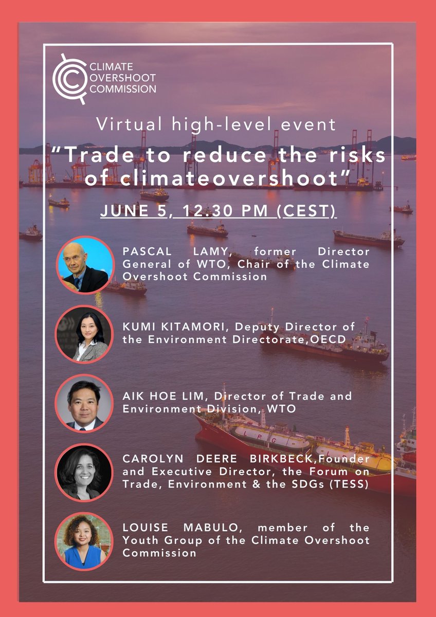 📣 Join us next week for our virtual high-level event on 'Trade to reduce the risks of climate overshoot' 🌏📈 🗓️ When? June 5 at 12.30 PM (CEST) 📍 Where? On Zoom via this link : us06web.zoom.us/j/85601519506