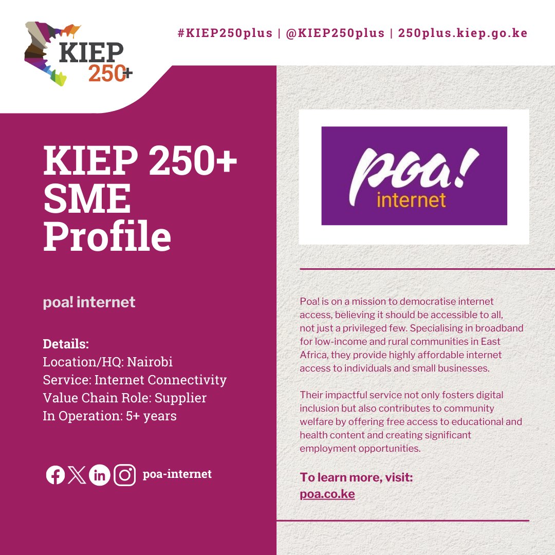 Meet @poa_internet—a Cohort 2 #KIEP250plus SME. Explore their website to learn more. Their motivation to join was targeted to their environmental and social (E&S) action plan. Stay tuned for more inspiring #KenyanSMEs. #KIEP250plusSMEs #SMEsupport #Kenya #KenyanBusiness