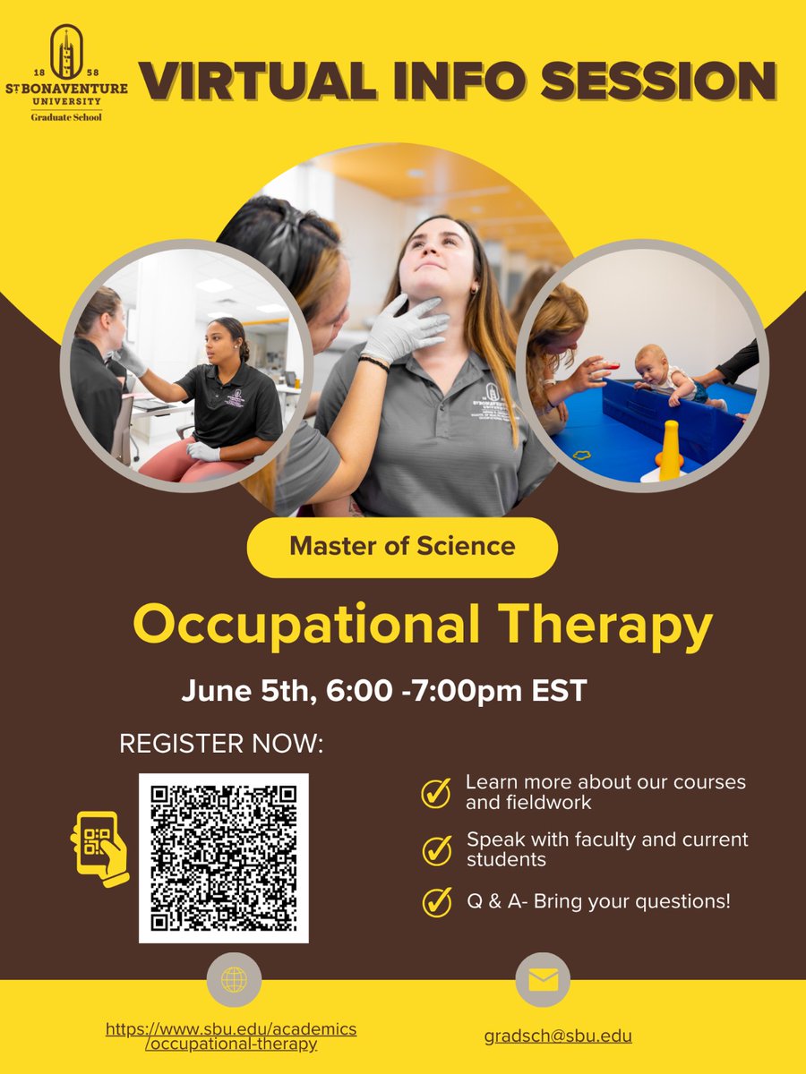 Discover what awaits you in the field of Occupational Therapy through a virtual information session showcasing our Masters of Science program! 📅 Wednesday, June 6, 2024 @ 6 PM 🏫 Via ZOOM 🔗 brnw.ch/21wKf2q..