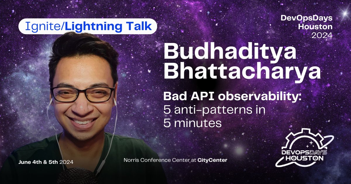 DevOpsDaysHTown's tweet image. Experience Budhaditya Bhattacharya&apos;s lightning talk: &quot;Bad API Observability: 5 Anti-Patterns in 5 Minutes.&quot; Get your tickets here: tickets.devopsdays.org/devopsdays-hou…   #DevOpsDays2024 #TechTalk #LightningTalk #APIObservability #AntiPatterns #GetYourTickets #Innovation #TechCommunity
