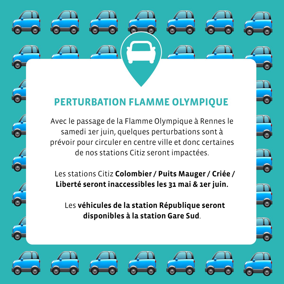 ⚠️ Perturbation centre ville de Rennes ! ⚠️

Le passage de la #FlammeOlympique à #Rennes, ce sera samedi 1er juin ! Certaines de nos stations d'#autopratge #Citiz seront impactées. #JO2024