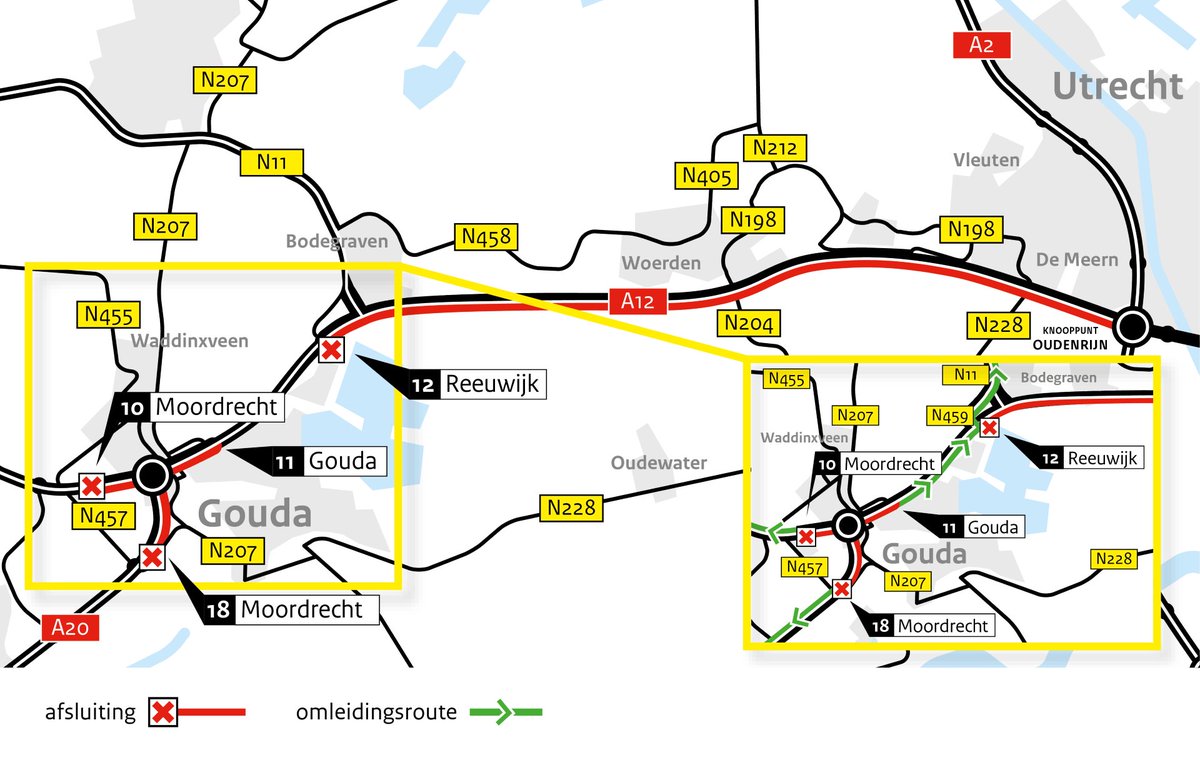 👷Let op: in juni forse hinder op de #A12 richting Utrecht van #Moordrecht tot knooppunt #Oudenrijn🚧 
De weg is o.a. 4 weekenden dicht⛔ 
Sluit niet aan in de file! 🚗🚙🚚
Bekijk hier het overzicht van alle hinder ➡️ bit.ly/3VgCCkB #werkthuis #reisanders