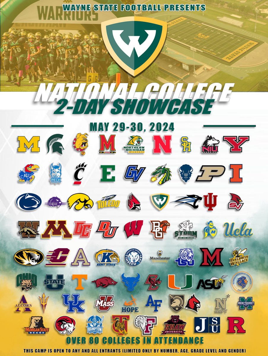 Excited to be competing <a href="/WSUWarriorFB/">Wayne State Football</a> National College Showcase on May 29 &amp; 30! <a href="/RisingStars6/">Rising Stars Academy</a> <a href="/UDJ_Football/">U of D Jesuit Football</a>