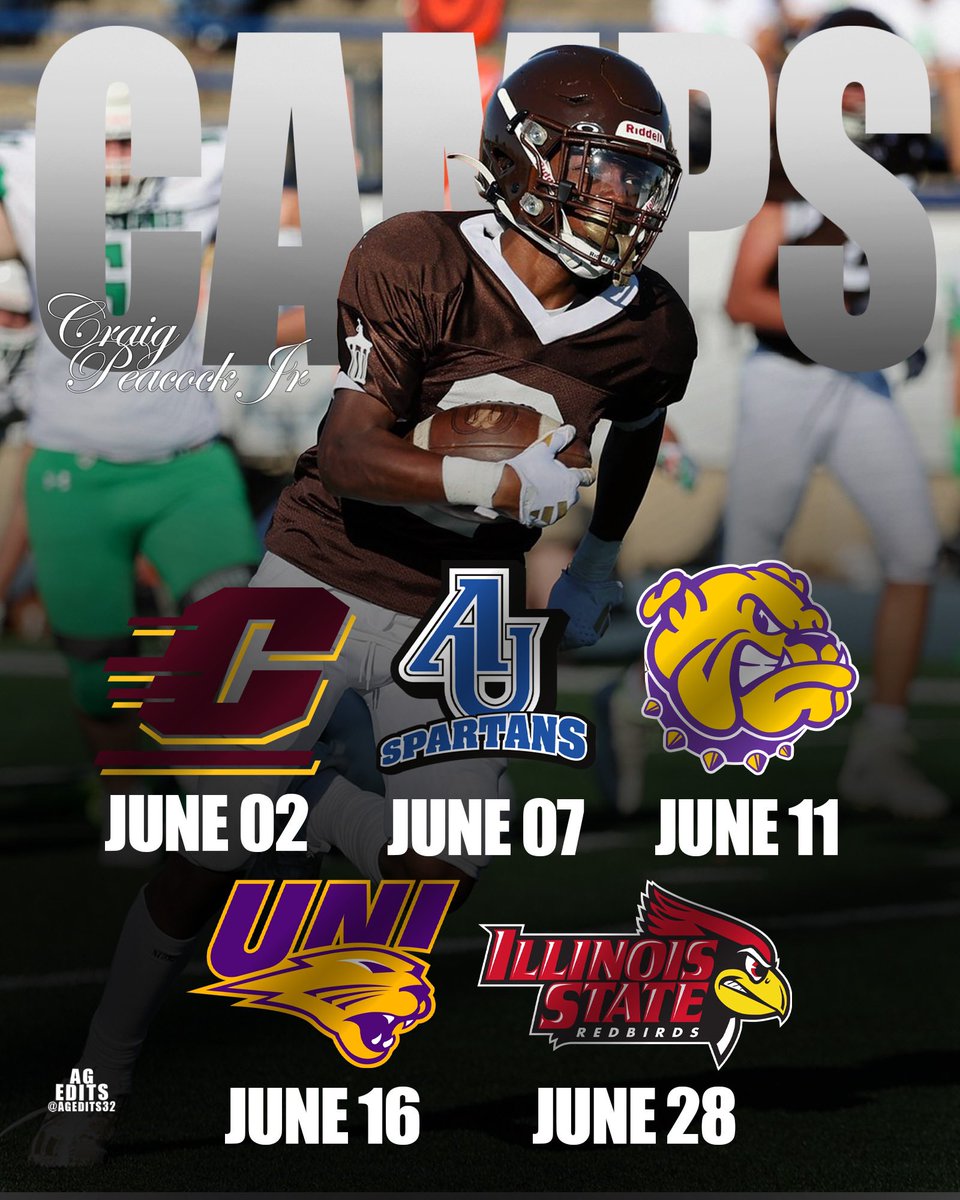 Now that track season has officially ended, it's time to gear up for the football season! Here is a list of camps that I will be attending next month! - Central Michigan (June 2nd) - Aurora University (June 7th) - Western Illinois (June 11th) - Northern Iowa (June 16th) -
