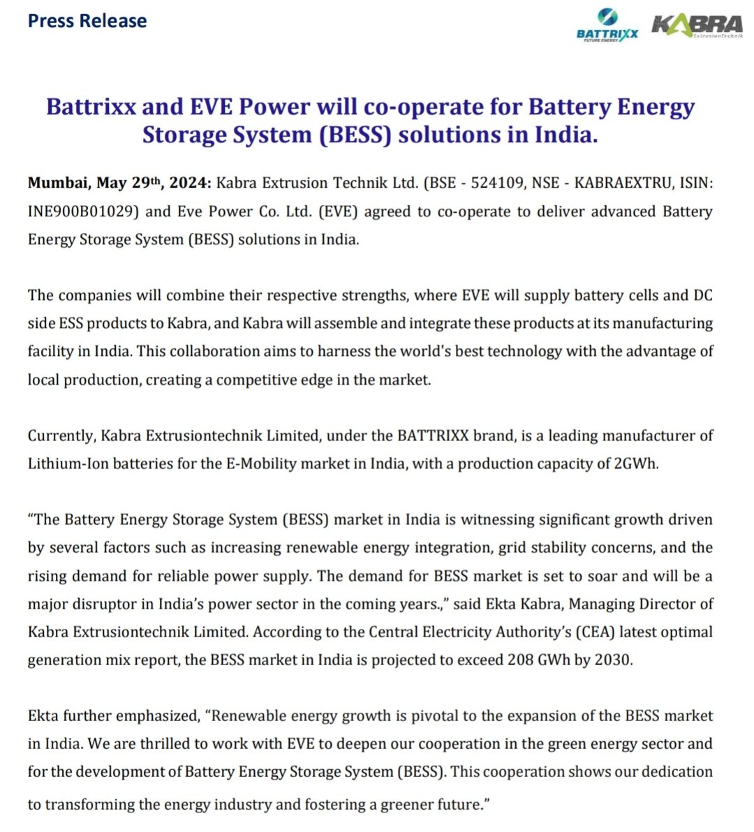 Kabra extrusiontechnik
Battrixx joins hands with EVE power for BESS solutions in India.
Welcome move
If you track WAREE TECHNOLOGIES and don't track KABRA EXTRUSION, well then you should start now.
Kabra is one of the largest lithium ion battery manufacturer for 2wheeler in india