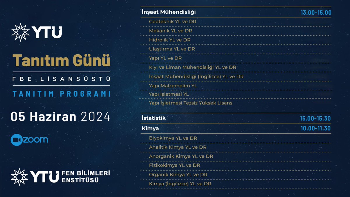 Fen Bilimleri Enstitüsü 🎓🎓
Lisansüstü Programlar 👩🏻‍🎓👨🏻‍🎓

📢📢Online Tanıtım Günü📢📢

🗓️0️⃣5️⃣ Haziran 2️⃣4️⃣, Çarşamba

Detaylı Bilgi:
📍fbe.yildiz.edu.tr

Etkinlik Programı:
📕bit.ly/3WMZI3L

<a href="/YildizEdu/">Yıldız Teknik Üniversitesi</a>

#EğitimdeLiderYTÜ
#ARGEdeLiderYTÜ