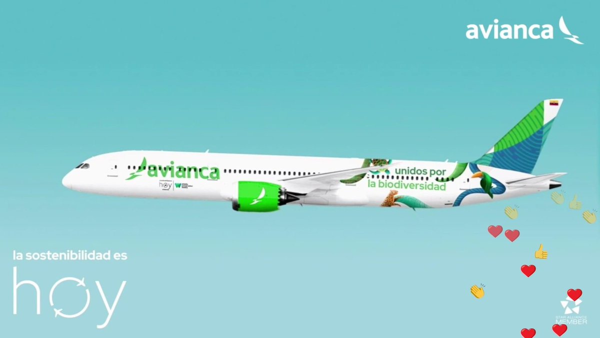 theffhub's tweet photo. Avianca presents a new special livery!🍃

Avianca has presented the new special livery, “Unidos por la Biodiversidad,” during their sustainability event. The livery will be on a Boeing 787 and will start flying on June 2nd. 

#avianca #sustainability #aviationnews https://t.co/ybk8Fl5Ee5