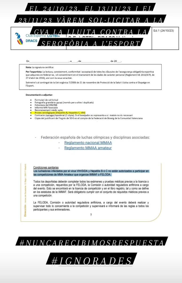 Recordem que varem demanar a la GVA support contra la serofòbia a l'esport i mai vam respondre-nos. #ignorades #ignoradis