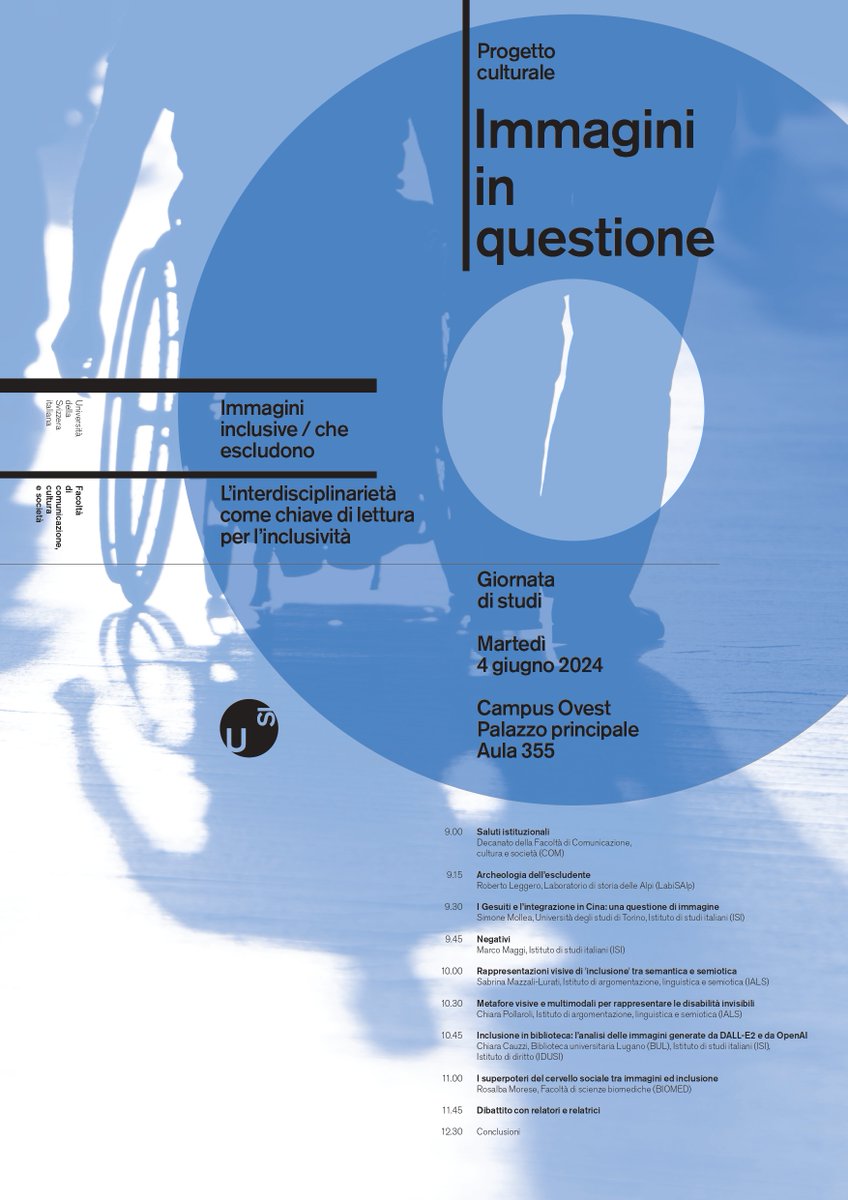📜Giornata di studi organizzata dal gruppo di lavoro "Immagini inclusive/Immagini che escludono"
🕕 Martedì 4 giugno ore 09.00-13.00 
🏣Aula 355 Campus Ovest <a href="/USI_en/">USI University</a> 
📧 Info: usi.ch/it/feeds/28372