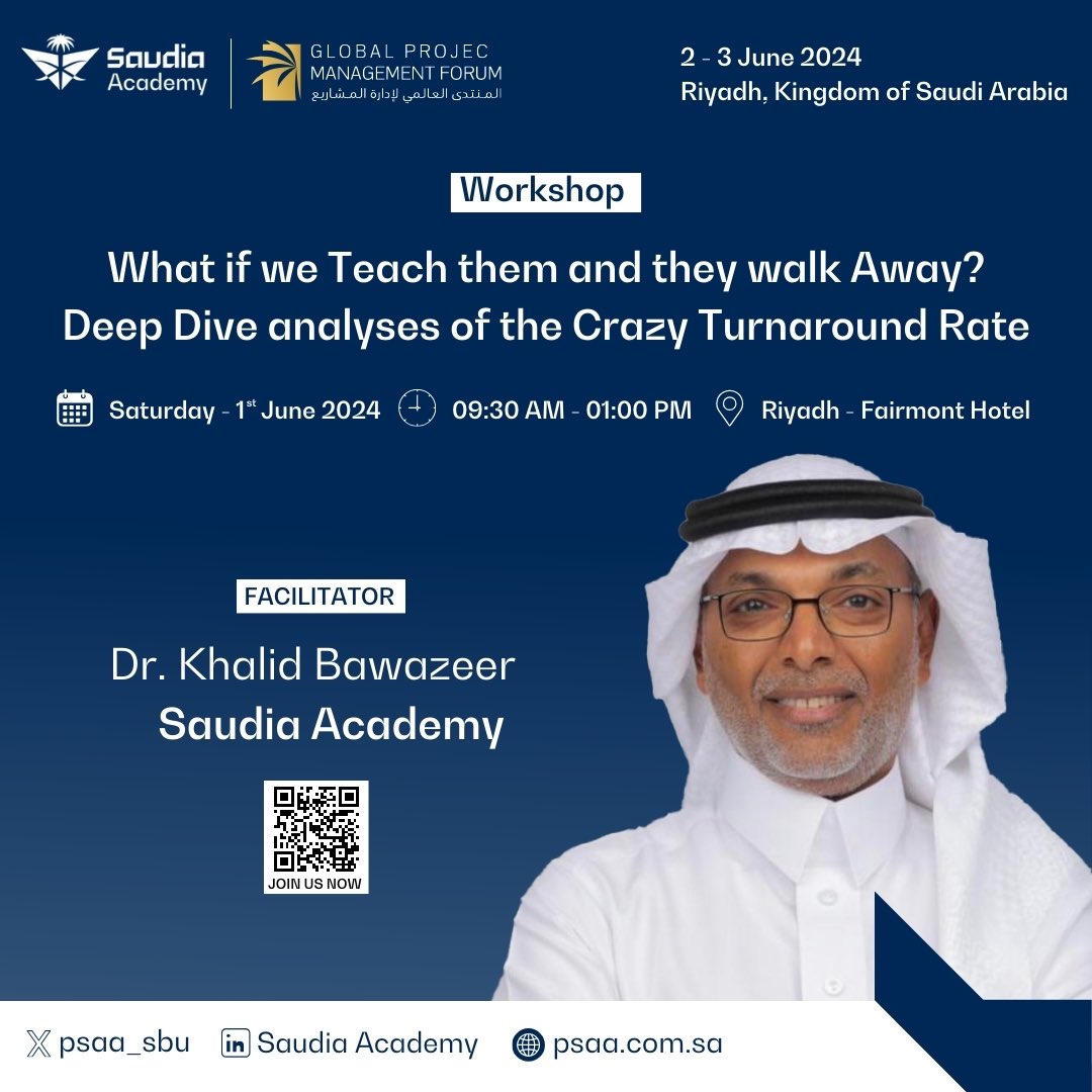 #Saudia_Academy is pleased to announce that as part of its participation in the #GPMF2024! PhD. Khalid Bawazeer, Director of Business Training division at will participate in moderating the dialogue on the topic of analyzing the employee training and the high rate of job turnover