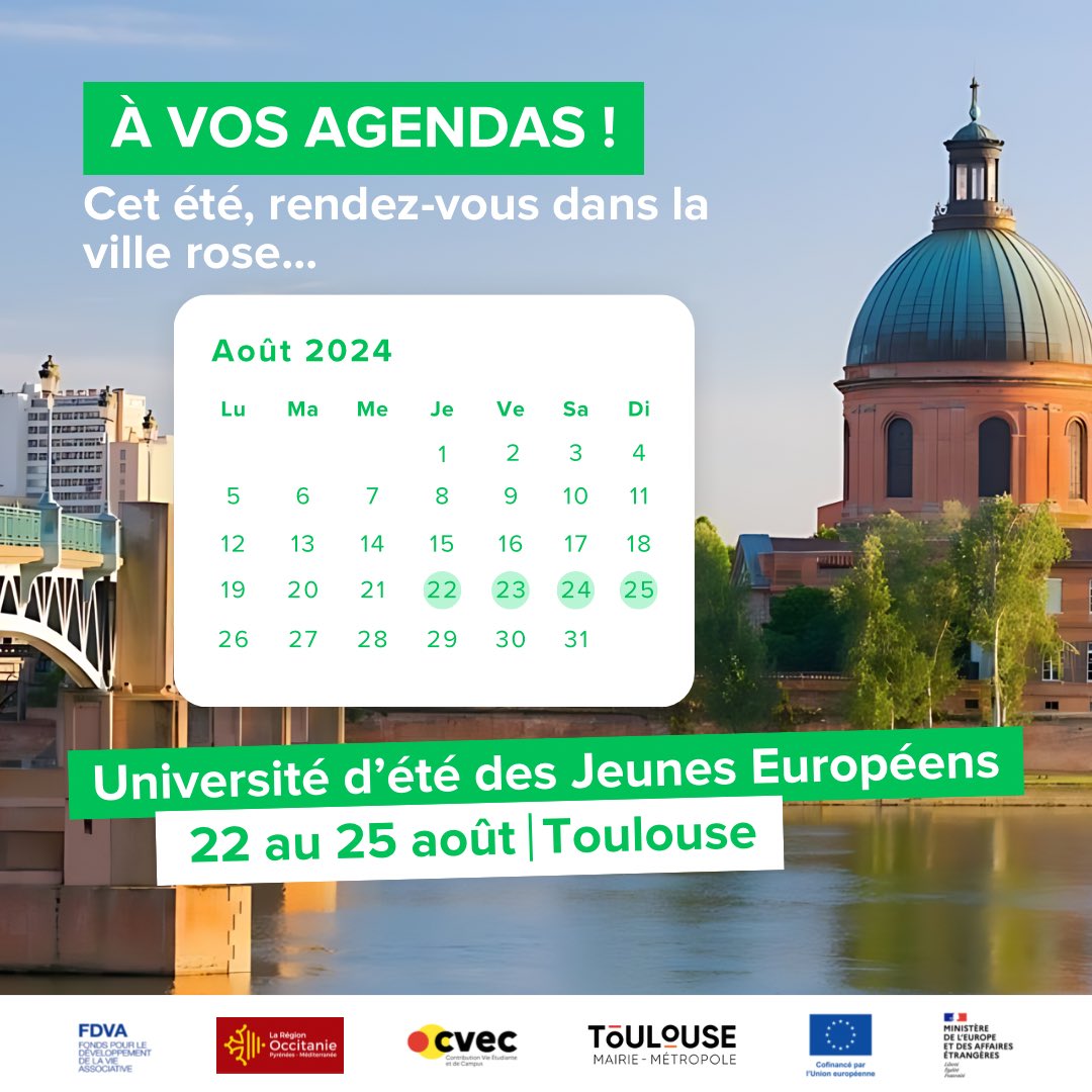 🗓️Les Jeunes Européens - France et les Jeunes Européens - Toulouse te donnent rendez-vous  du 22 au 25 août à Toulouse pour participer à l’édition 2024 de notre Université d’été !

💫 Les inscriptions arrivent, stay tuned !
