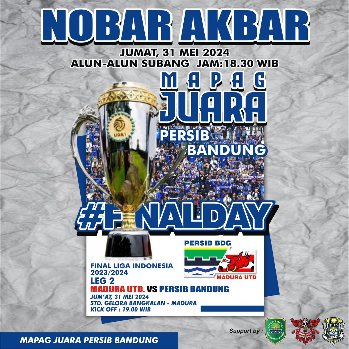 vikingsubang's tweet photo. NOBAR AKBAR

MAPAG JUARA
Final Championship Series Leg 2
Madura United VS PERSIB
Jum'at, 31 Mei 2024
Open Gate : 18.00 WIB
Alun-Alun Subang

Terbuka untuk umum
GRATIS!!!

#ngahiji
#mapagjuara
#nobarakbar
#finalday
#persibjuara
#vikingsubang
#vikingganas https://t.co/UMWbMFtOg9