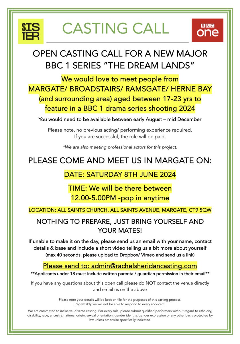 OPEN CASTING CALL FOR MAJOR NEW BBC 1 SERIES “THE DREAM LANDS”

MARGATE 8TH JUNE (12pm - 5pm)

Full details below!!

#OpenCastingCall
#Casting
#BBC
#Margate

PLEASE SHARE &amp; RT

For more info/to apply see flyer or text version: nopaste.net/uzGSAfRCGu